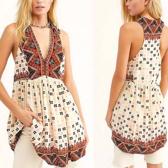 Free People Tops - Free People Charlotte Collared Keyhole Tunic Tank in Cream and Brown Size XS